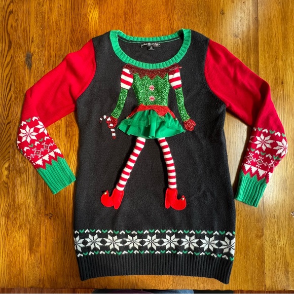 ⭐️ Ugly Christmas Sweater Tunic Girl Elf w/ Tutu and Long Legs Size LARGE - Picture 3 of 15